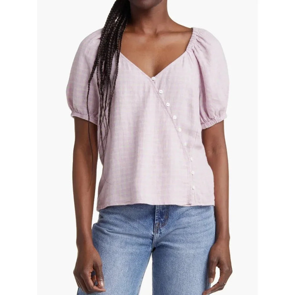Madewell Pink Plaid Linen Blend Puff Sleeve Summer Top Blouse 3X - Picture 1 of 10